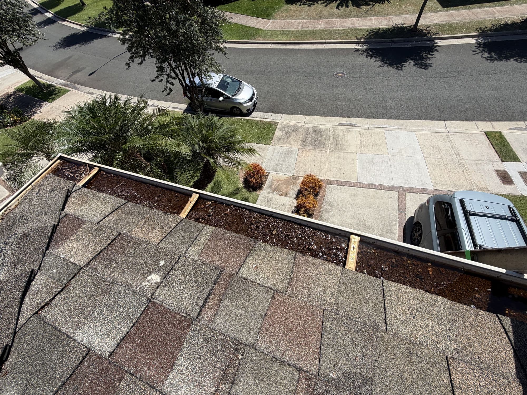 A roof gutter packed with debris